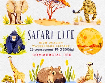 Aquarell Safari Tiere Clipart, niedliche Baby Safari Tiere Clipart PNG, Dschungel Clipart, Afrika Tiere Illustration, digitaler Download.