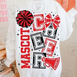 May include: White sweatshirt with a red and black cheerleader design. The design includes a pom-pom, bow, megaphone, and the word "MASCOT CHEER" in a collegiate font. Black star accents complete the design.