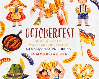Watercolor Oktoberfest Clipart: Beer Fest PNG Stickers (Commercial Use)