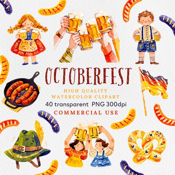 Watercolor Oktoberfest Clipart: Beer Fest PNG Stickers (Commercial Use)
