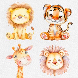 Pu&ograve; includere: Quattro illustrazioni ad acquerello di simpatici animali dei cartoni animati: un leone con una criniera soffice, una tigre con strisce arancioni e nere, una giraffa con macchie marroni e un leone con una criniera rosa. Tutti gli animali sorridono e hanno occhi grandi.
