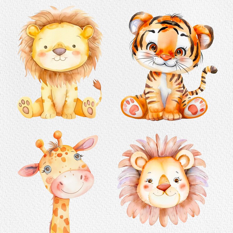 Pu&ograve; includere: Quattro illustrazioni ad acquerello di simpatici animali dei cartoni animati: un leone con una criniera soffice, una tigre con strisce arancioni e nere, una giraffa con macchie marroni e un leone con una criniera rosa. Tutti gli animali sorridono e hanno occhi grandi.