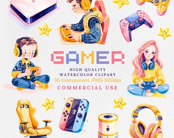 Puede incluir: Un conjunto de ilustraciones de acuarela con temática de juegos. El conjunto incluye una silla de juego, una consola de videojuegos, unos auriculares, un mando y dos personajes jugando a videojuegos. Las ilustraciones están en un estilo brillante y colorido.
