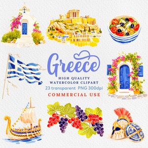 Clipart Grèce, clipart été Grèce, aquarelle de Grèce, scrapbooking de vacances en Grèce, PNG Grèce romantique, usage commercial.