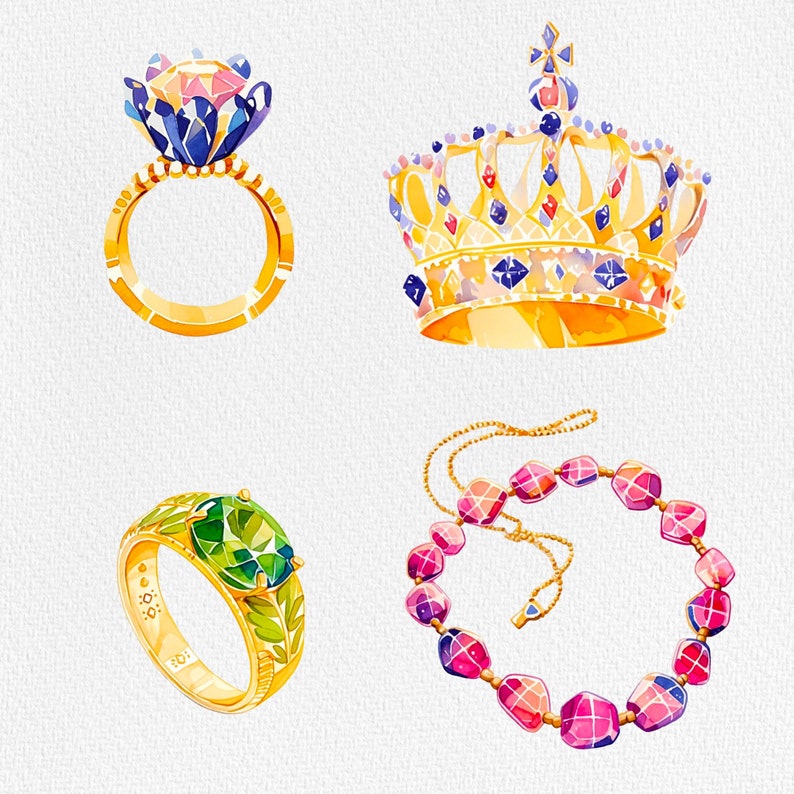 Watercolor Jewelry Clipart, Watercolor Crown PNG, Gold Ring PNG ...
