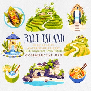 Bali Island Clipart PNG, Reiseclipart, tropisch, Indonesien-Inseln Aquarell, asiatischer Urlaub, Traumreiseclipart, kommerzielle Nutzung