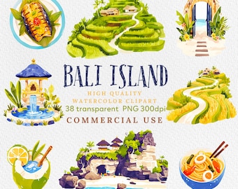 Puede incluir: Ilustraciones de acuarela de varias escenas de Bali, Indonesia. Las ilustraciones incluyen arrozales, un templo, una playa y una casa tradicional balinesa. El texto "BALI ISLAND" está escrito en letras azules sobre un fondo blanco. El texto "HIGH QUALITY WATERCOLOR CLIPART" está escrito en letras negras sobre un fondo blanco. El texto "38 transparent PNG 300dpi COMMERCIAL USE" está escrito en letras negras sobre un fondo blanco.