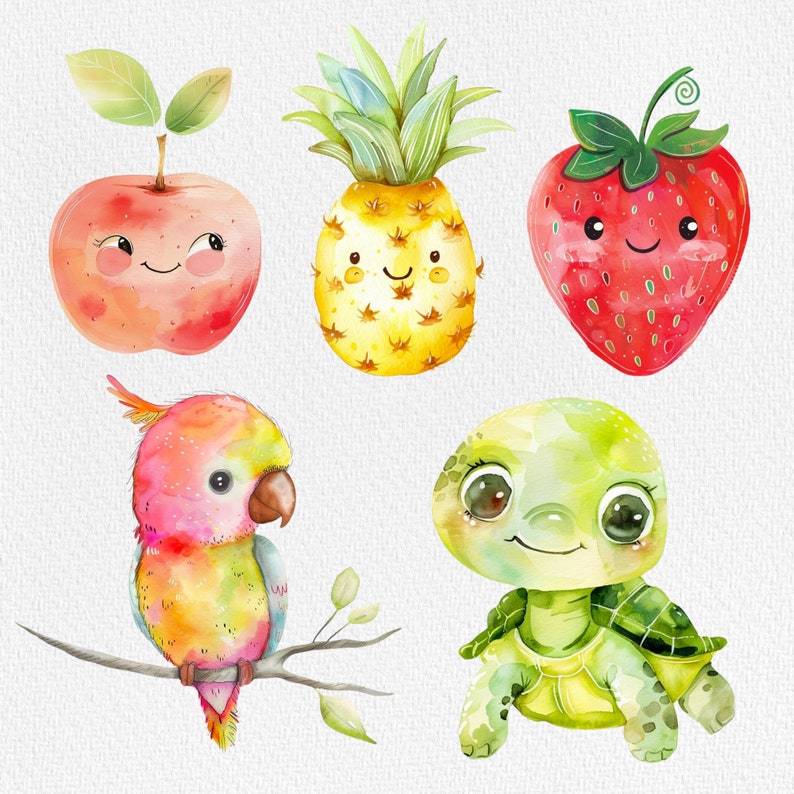 Pu&ograve; includere: Illustrazione ad acquerello di un ananas, una mela, una fragola, un pappagallo e una tartaruga. L'ananas, la mela e la fragola hanno facce sorridenti. Il pappagallo &egrave; rosa e giallo e la tartaruga &egrave; verde.