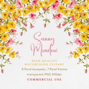 Gele bloemen png aquarel clipart, aquarel bloemen clipart bundel - boeketten, kransen, frames, elementen, bruiloft bloemen png, geel
