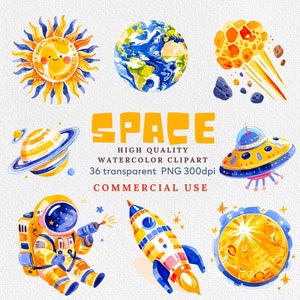 Aquarell Weltraum Clipart Bundle, Astronaut Kinderzimmer Clipart, Astronaut Raumschiff, Rakete Clipart, Sterne und Mond PNG, sofortdownload, Weltall