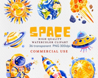 Watercolor Space Clipart Bundle: Astronaut, Rocket, Moon (PNG Instant Download)