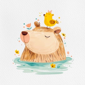 May include: A brown bear with its eyes closed is swimming in a blue pool of water. A yellow bird with a pink bow is perched on the bear's head.