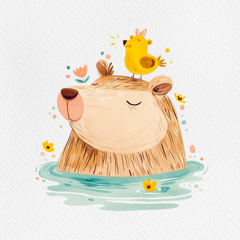 May include: A brown bear with its eyes closed is swimming in a blue pool of water. A yellow bird with a pink bow is perched on the bear's head.