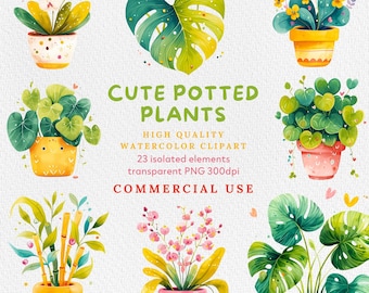 Clipart de plantas en maceta de acuarela: Jardín kawaii PNG (Descarga digital)