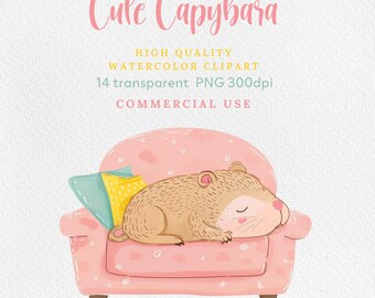 Watercolor Capybara Clipart, Cute Capybara PNG, Instant Download, Cute Capybaras, Pups, Kids clipart with Capybaras, PNG, Commercial Use.
