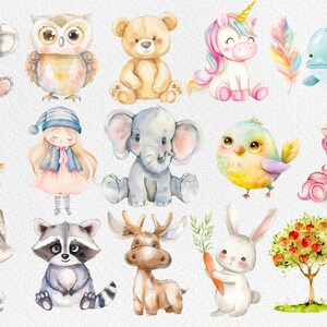 Pu&ograve; includere: Illustrazioni ad acquerello di vari animali, tra cui un koala, un gufo, un orso, un unicorno, una balena, un cervo, una ragazza, un elefante, un uccello, un unicorno, un lupo, un procione, un alce, un coniglio e un albero con mele. Le illustrazioni sono in stile fantasioso e presentano colori vivaci.