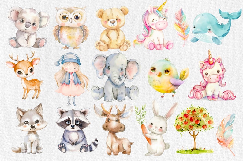 Pu&ograve; includere: Illustrazioni ad acquerello di vari animali, tra cui un koala, un gufo, un orso, un unicorno, una balena, un cervo, una ragazza, un elefante, un uccello, un unicorno, un lupo, un procione, un alce, un coniglio e un albero con mele. Le illustrazioni sono in stile fantasioso e presentano colori vivaci.