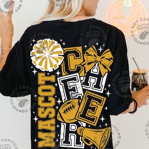 May include: A black t-shirt featuring a graphic design with the word MASCOT CHEER in gold and white block lettering. The design includes a gold pom-pom, a gold hair bow, a brown football, and a gold megaphone, all surrounded by small white stars.