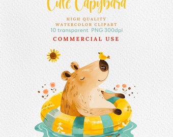 Watercolor Capybara Clipart, Cute Capybara PNG, Instant Download, Cute Capybaras, Pups, Rodent Species, Kids clipart with Capybaras, PNG.
