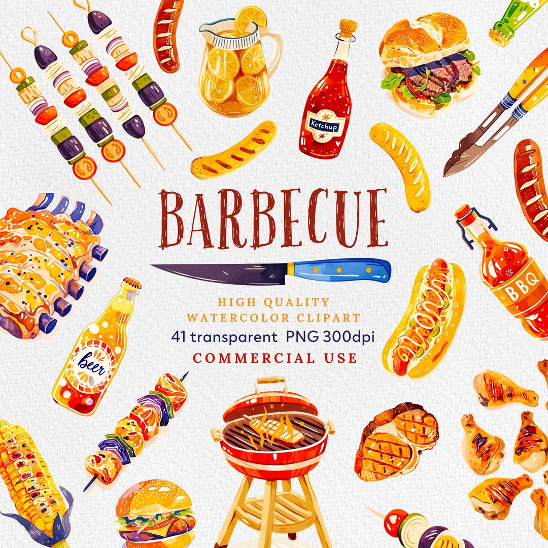 Watercolor BBQ Clipart Bundle: Grill Party Graphics (PNG, Commercial ...