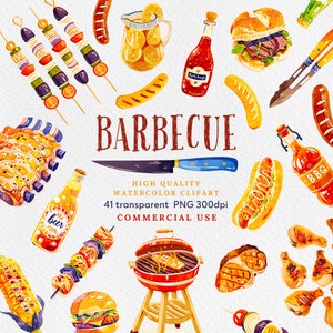 Imágenes prediseñadas de barbacoa, paquete de imágenes prediseñadas de fiesta de parrilla de acuarela, gráficos de verano, PNG de barbacoa, bistec, comida a la parrilla, uso comercial.