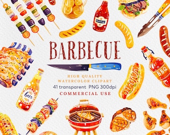 Watercolor BBQ Clipart Bundle: Grill Party Graphics (PNG, Commercial Use)