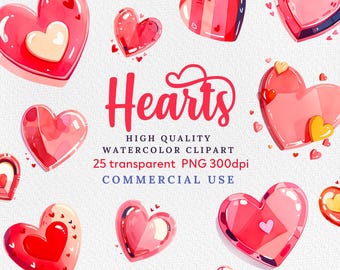 May include: A set of 25 watercolor heart illustrations in various shades of pink and red. The hearts are in different sizes and shapes, with some having a more textured look. The text "Hearts" is written in a large, stylized font, and the text "High Quality Watercolor Clipart" is written in a smaller font below it. The text "25 transparent PNG 300dpi Commercial Use" is written in a smaller font below that.
