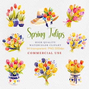 Pastel Pink and Red Tulips Bouquet Watercolor Clip Art/ Floral Clipart/ Botanical Clipart/ Watercolor Flowers Bouquet / Floral wedding Decor