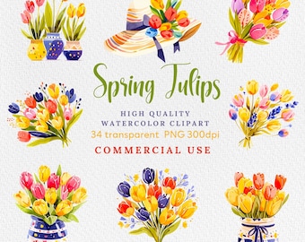Clipart de tulipanes en acuarela: ramo floral rosa y rojo (descarga digital)