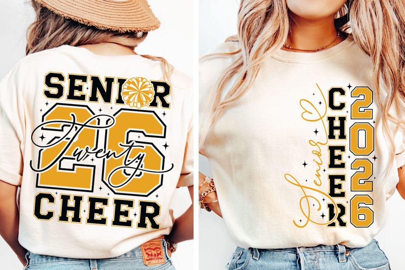 May include: Cream-colored t-shirts with black and gold text. One shirt reads "SENIOR 26 CHEER" with a cheerleader graphic. The other shirt says "Senior Cheer 2026" vertically. A great gift for cheerleaders.