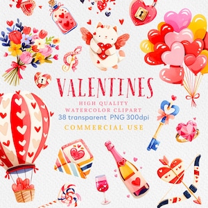 Dia dos Namorados Aquarela Clipart PNG, Rosas Românticas, Corações, Balões, Flechas, Pássaros, Gráficos de Amor, Cartões de Dia dos Namorados DIY, Sublimação
