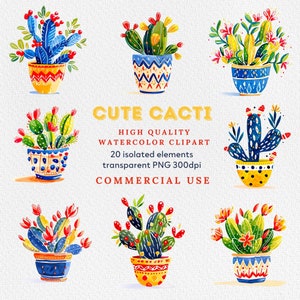 Aquarell Kaktus Clipart, Kakteen Sukkulenten mit Töpfen, Handgemachter Südwesten Pflanzen Clip Art, Digital Instant Download PNG-Dateien, Kakteen Clipart