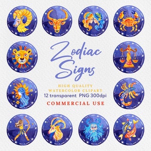 Clipart signe du zodiaque aquarelle, Bélier, Taureau, Gémeaux, Cancer, Lion, Vierge, Balance, Scorpion, Sagittaire, Capricorne, Verseau, Poissons, PNG.