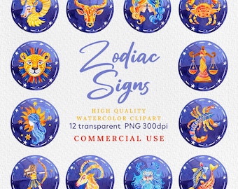 Watercolor Zodiac Sign Clipart: PNG Bundle (Digital Download)