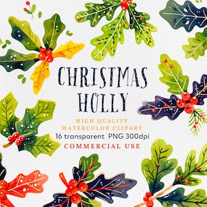 Clipart de aquarela de azevinho de Natal | 16 PNG de alta qualidade | Clipart floral festivo de Natal PNG Clipart de Natal Papel artesanal Diário de lixo.