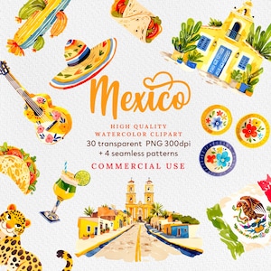 Mexico Watercolor Clipart Set: Landmarks, Travel (PNG, Commercial Use)