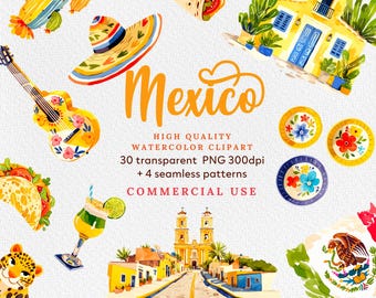 Mexico Watercolor Clipart Set: Landmarks, Travel (PNG, Commercial Use)