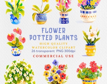 Watercolor Potted Plants Clipart: Flower PNG Set (Digital Download)
