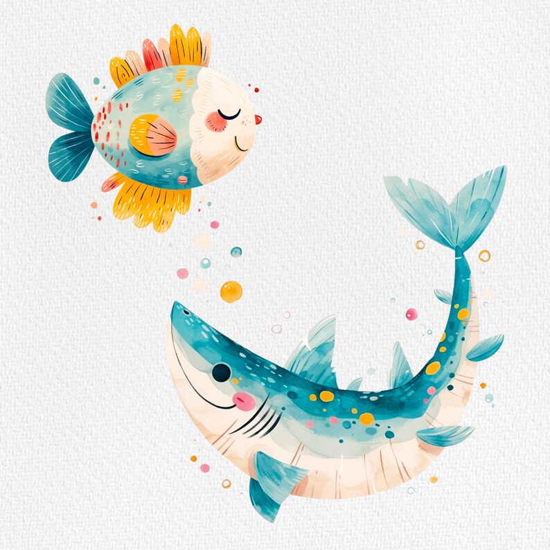 Peut inclure: Illustration &agrave; l'aquarelle de deux cr&eacute;atures marines amicales : un poisson souriant avec des accents bleus, jaunes et rouges, et un requin bleu avec des taches jaunes. Des bulles flottent entre eux, sur fond blanc.