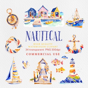 Clipart nautiche ad acquerello, illustrazioni marine fatte a mano, uso commerciale, opera d'arte del faro blu, PNG di forniture oceaniche, PNG di paesaggi marini.