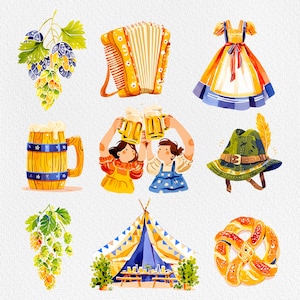 May include: A collection of illustrations featuring various Oktoberfest themes, including a green and brown hat with a feather, a blue and white dress, a pair of beer steins, a green and yellow hop plant, a blue and yellow tent, a brown accordion, a pair of girls holding beer steins, and a brown pretzel.