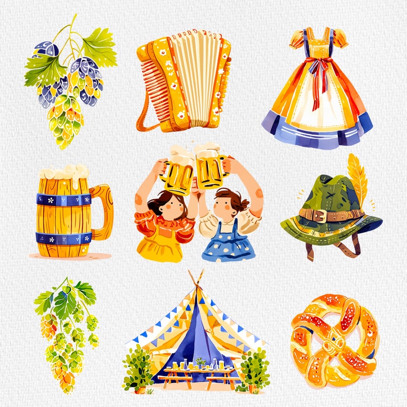 May include: A collection of illustrations featuring various Oktoberfest themes, including a green and brown hat with a feather, a blue and white dress, a pair of beer steins, a green and yellow hop plant, a blue and yellow tent, a brown accordion, a pair of girls holding beer steins, and a brown pretzel.