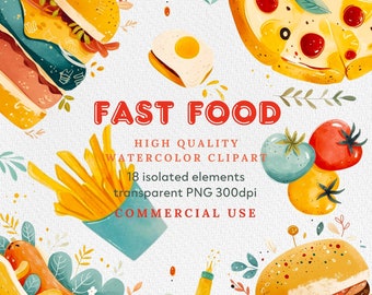 Kawaii fastfood-clipart: hamburgers, pizza, hotdog (digitale png-download)