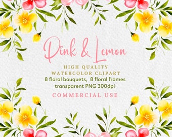 Watercolor Floral Clipart: Pink & Yellow Flowers, Bouquets, Frames (PNG)