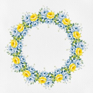 May include: A wreath of blue and yellow flowers with green leaves. The flowers are arranged in a circle around a white background.