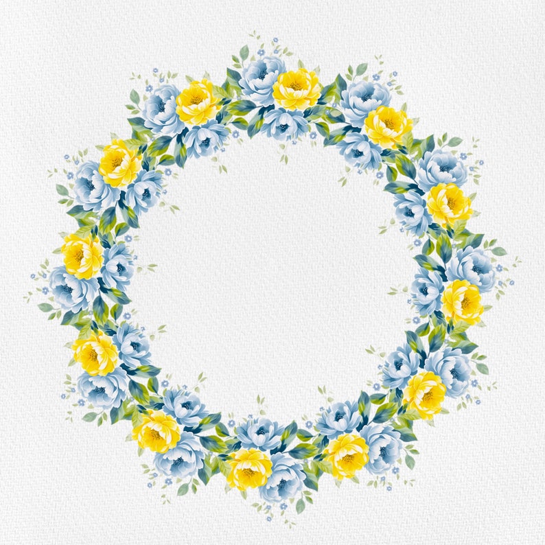 May include: A wreath of blue and yellow flowers with green leaves. The flowers are arranged in a circle around a white background.