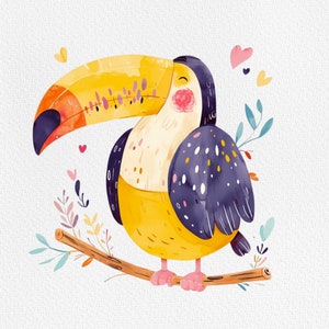 May include: A cartoon toucan with a yellow body, black and purple wings, and a long orange beak. The toucan is perched on a branch with green leaves and pink hearts in the background.