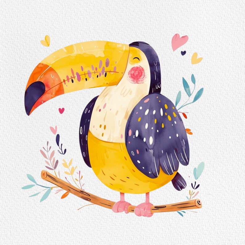 May include: A cartoon toucan with a yellow body, black and purple wings, and a long orange beak. The toucan is perched on a branch with green leaves and pink hearts in the background.