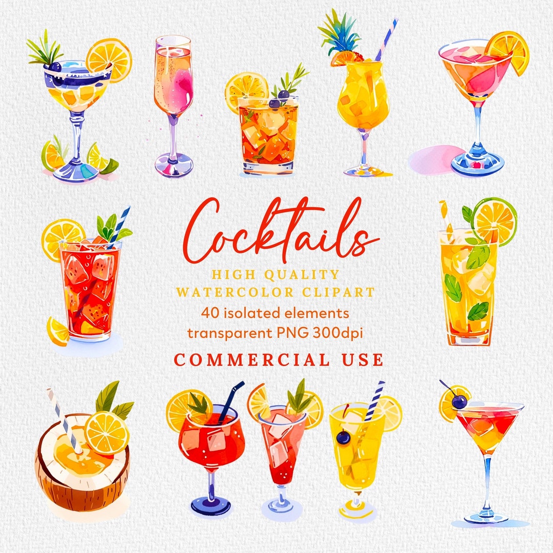 Watercolor Cocktails Clipart: Drinks Illustrations (digital Download ...