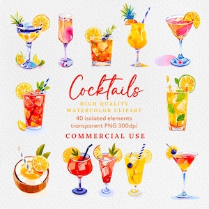 Clipart di cocktail acquerellati, illustrazioni di cocktail, clipart di bevande, clipart di acquerelli, illustrazioni di cartelli per cocktail esclusivi.